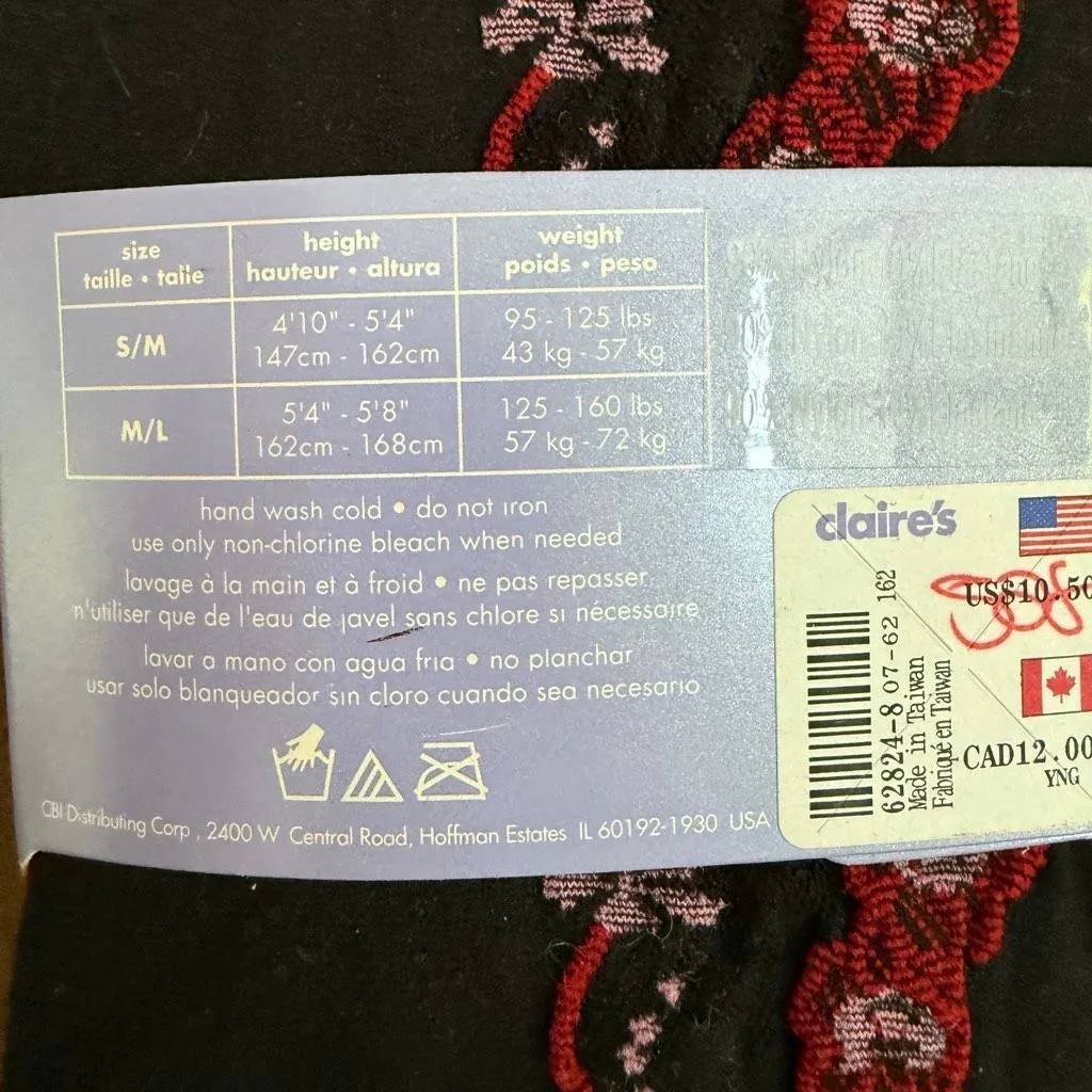 NIP Claire’s Y2K Black Footless Tights Embellished Red Floral Black Lace M L - Image 5