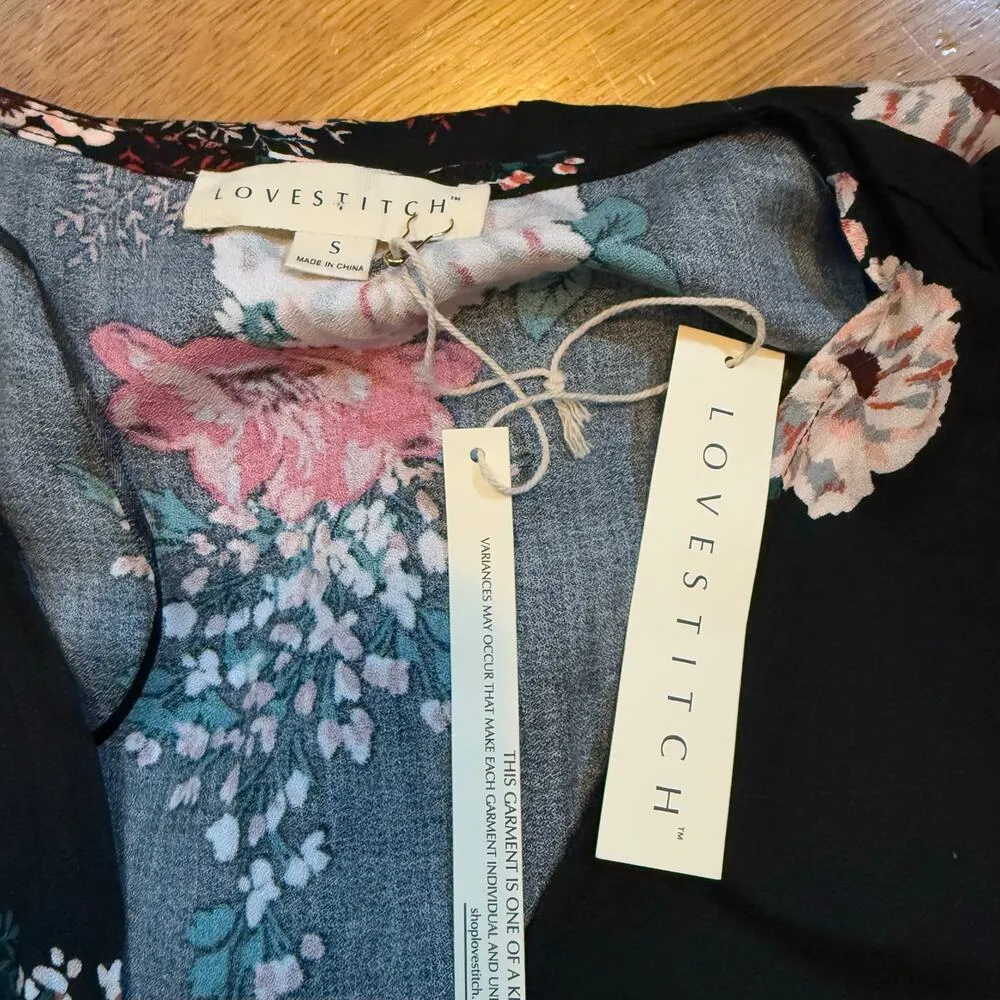 LoveStitch Women’s Small Black Floral Ruffle Short Sleeve V-neck Midi Wrap Dress - Image 9