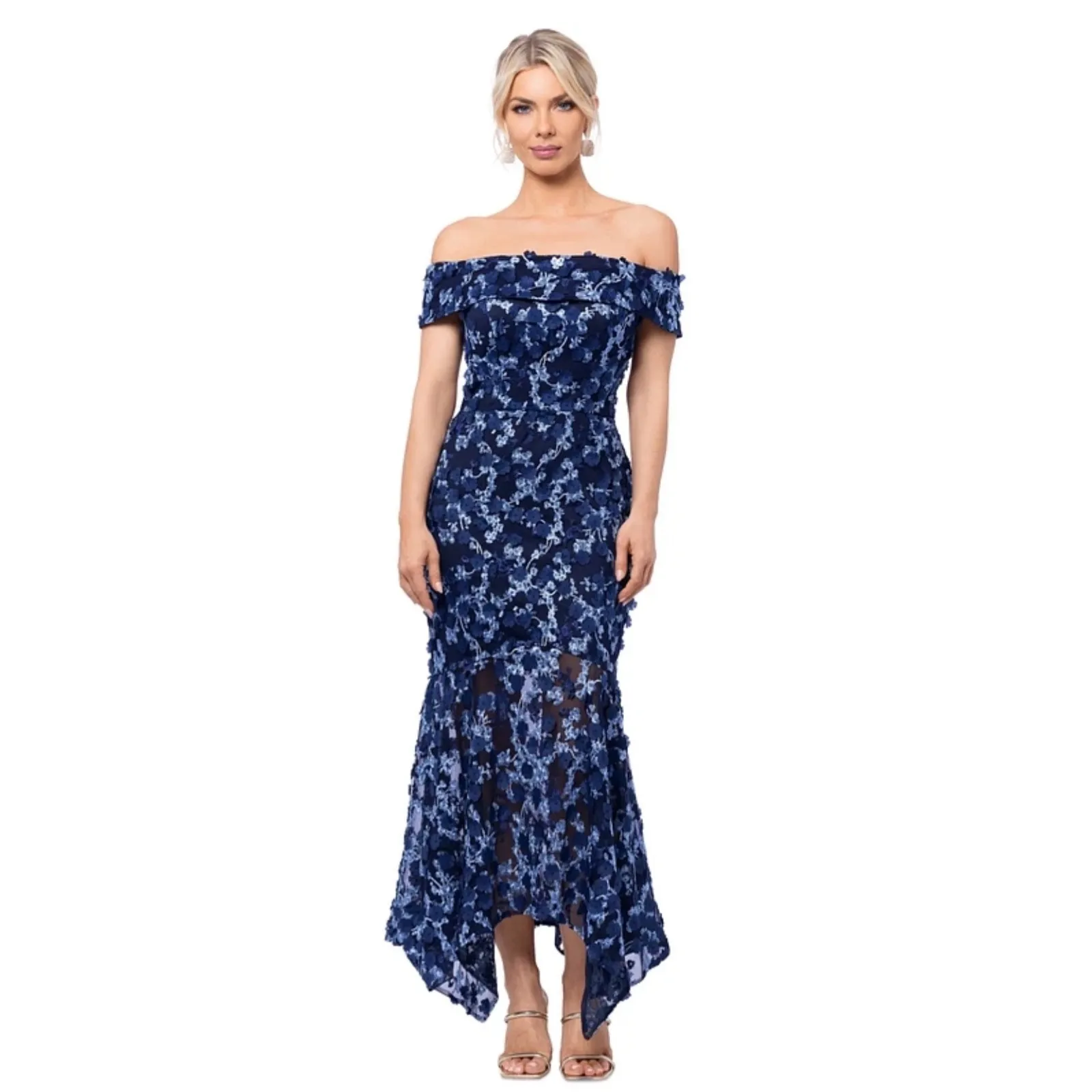 NWT XSCAPE Off-The-Shoulder
Embroidered 3D Floral Lace Midi
Dress Navy Sz 4 $298 - Image 7