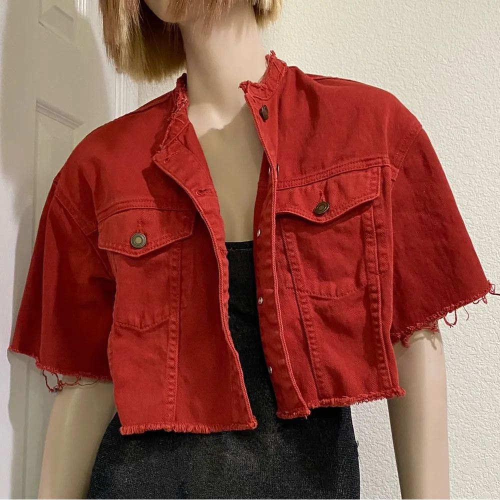 FOREVER 21 Rusty Red Customized Cropped Denim Jacket Size M - Image 3
