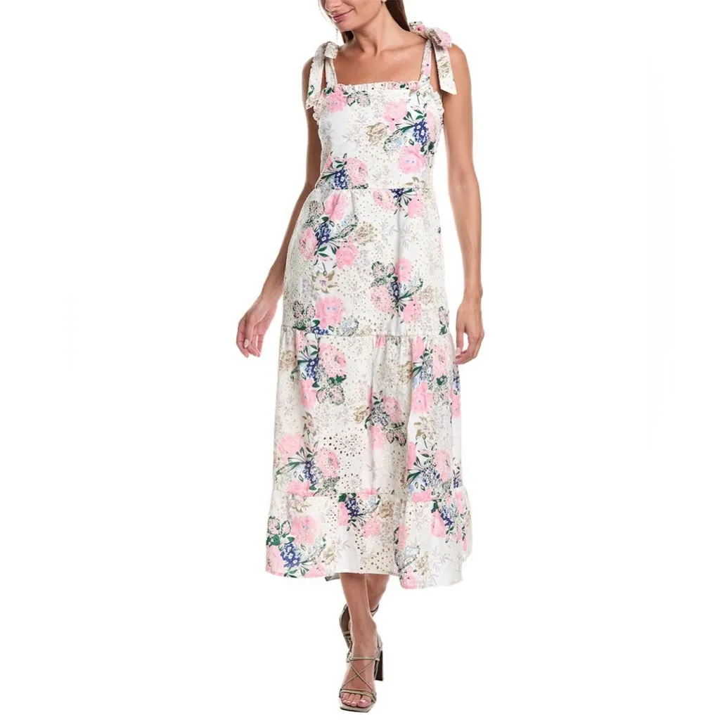 NWT Eyelet floral midi dress maxi tiered ruffle embroidered square neck pastel - Image 5