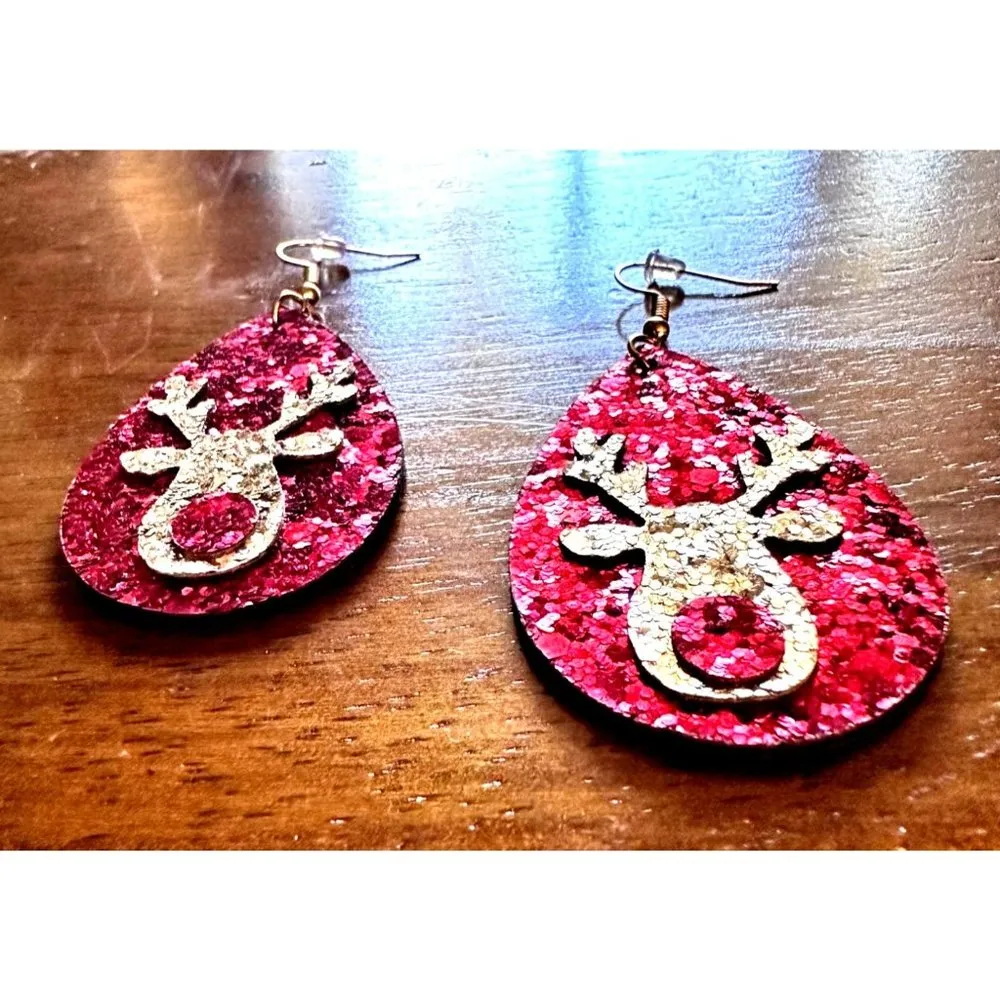 Rudolph Reindeer Earrings Christmas Handmade Whimsical Hooks Glitter Acc… - Image 10