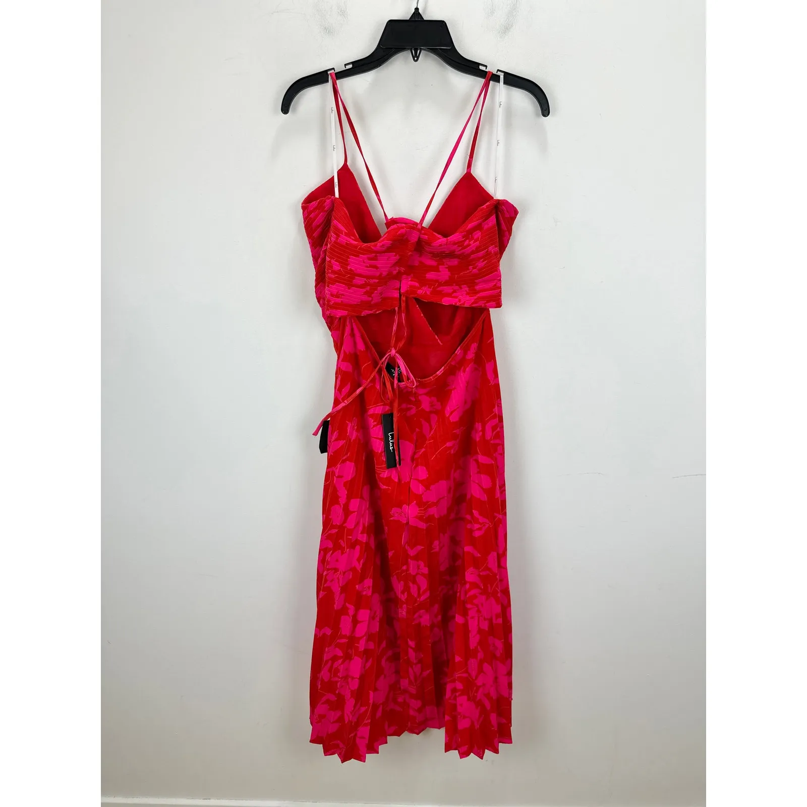 Lulus Vibrant Moment Red and Pink Floral Pleated Lace Up Midi Dress Party XL NWT - Image 13