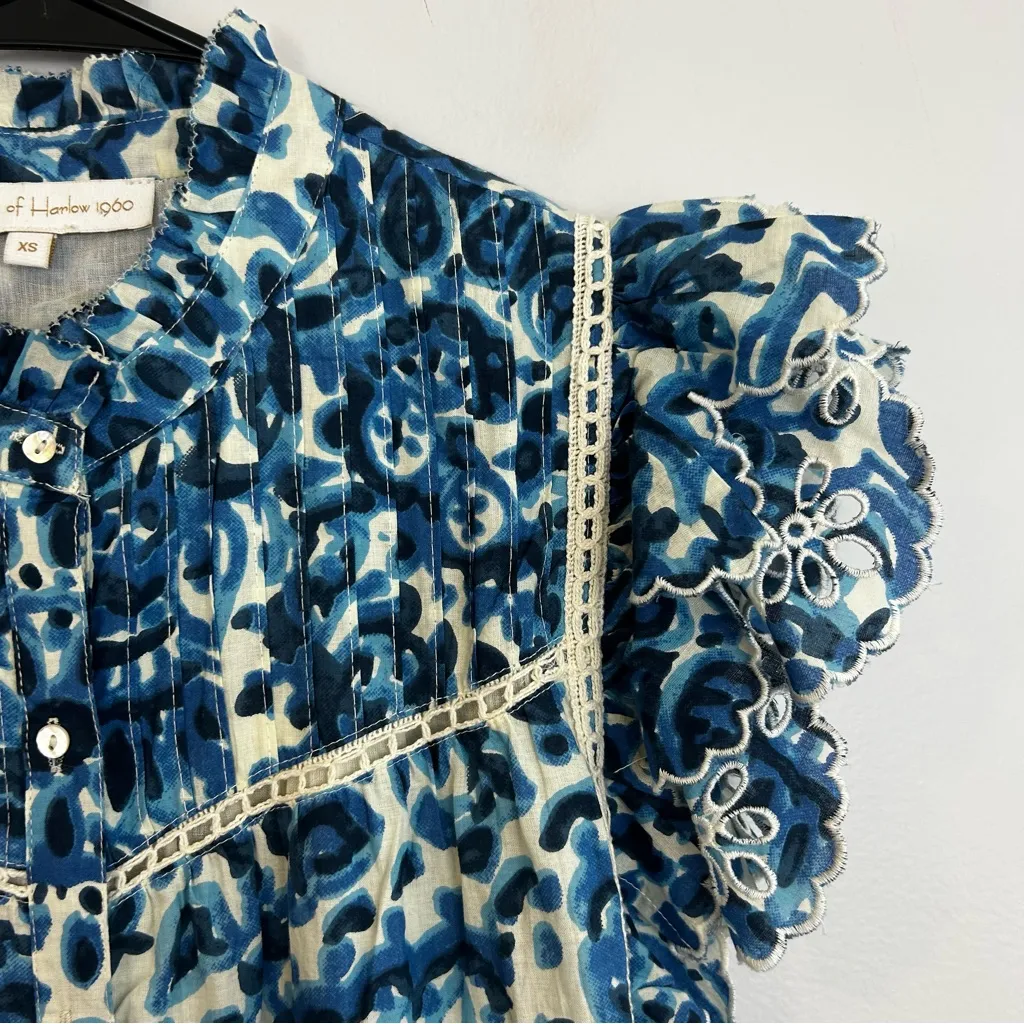 House of Harlow Melba Blue Floral Ruffle Button Front Sleeveless Mini Dress XS - Image 5