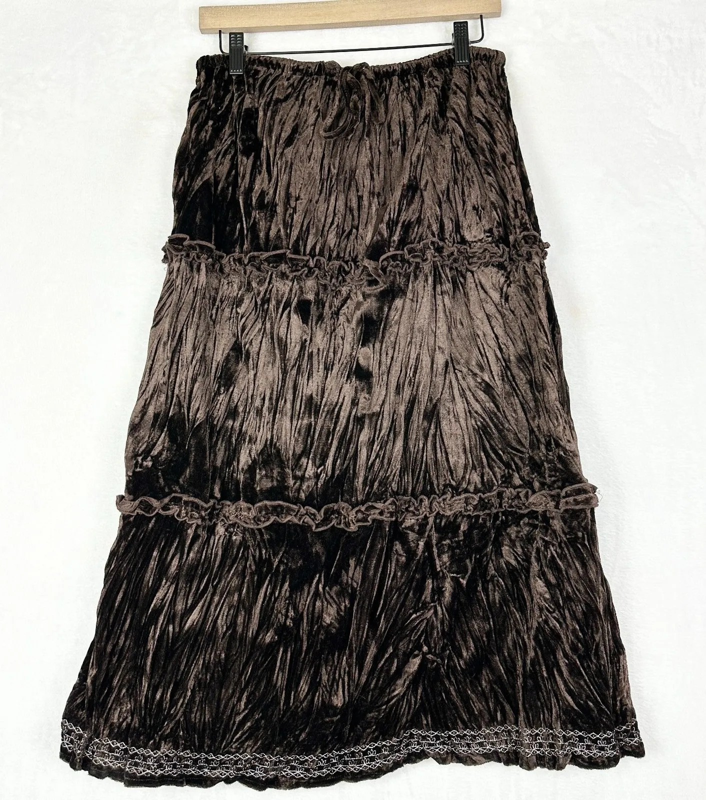 Vintage Y2K Velvet Tiered Midi Skirt Size Large Brown Boho Whimsigoth Fairy - Image 2