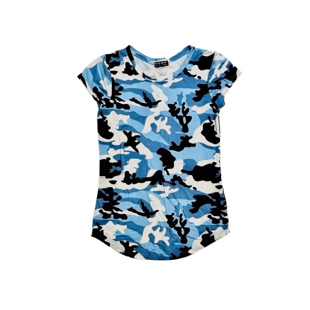 POOF NY Blue Camouflage Stretch Soft Crew‎ Neck Top SMALL Curved Shirttail - Image 3