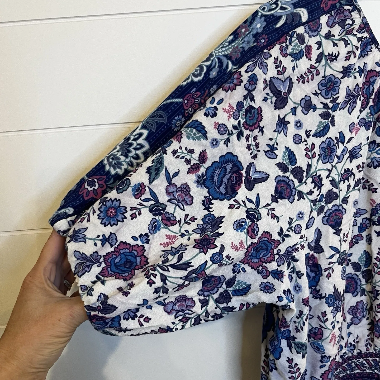 Joie Womens Cropped Blouse 3/4 Sleeve Floral Blue Purple Print Size Large - Image 9