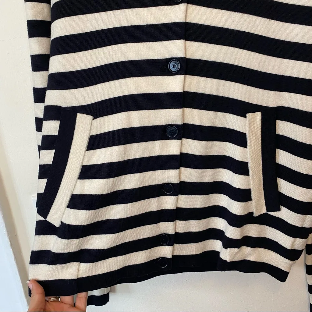AKRIS Punto Striped Collared Button Down Wool Cardigan Knit Blazer Cream/Black 8 - Image 7