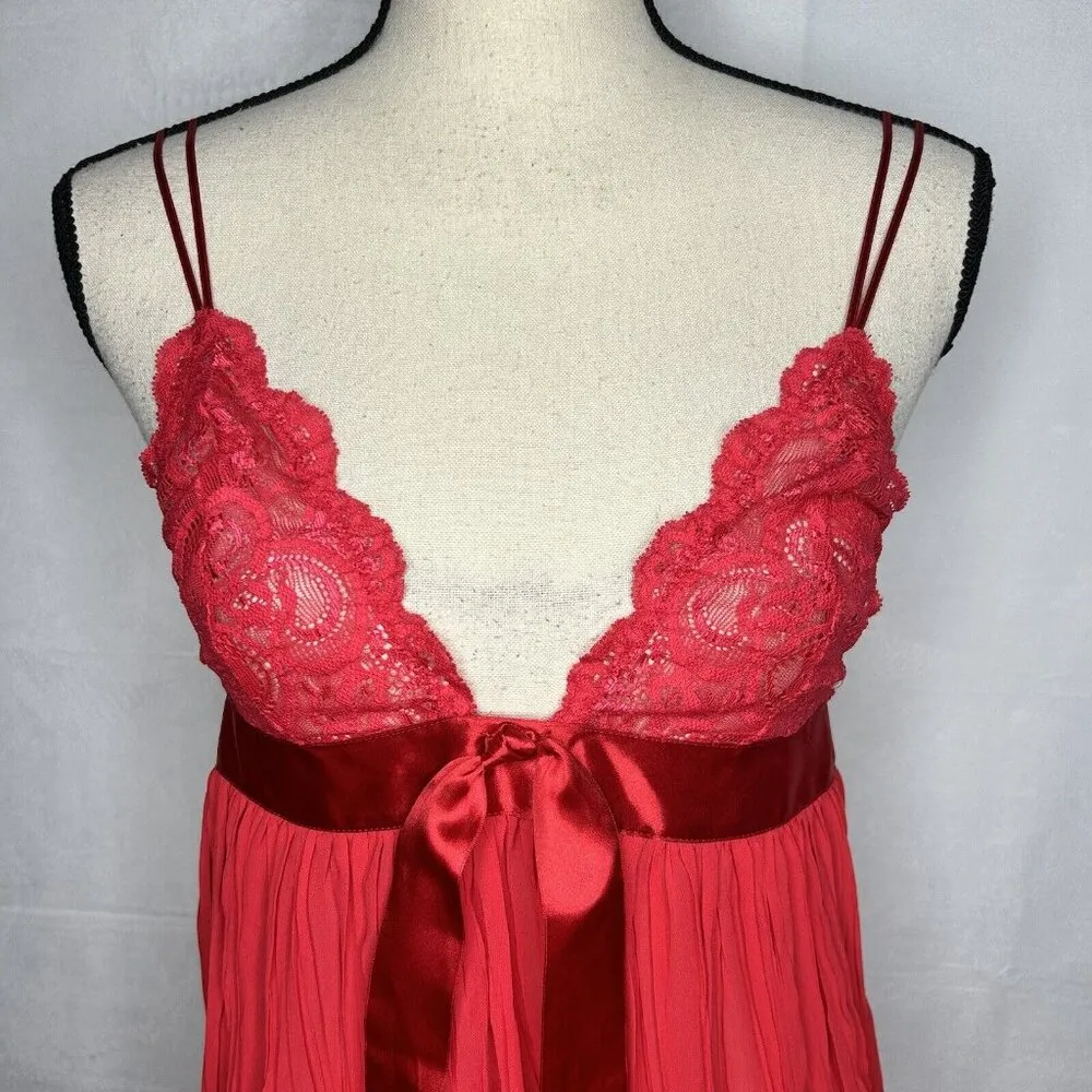 Victoria’s Secret Sz M Red Accordion Pleated Babydoll Chemise Ribbon Bow Lace - Image 2