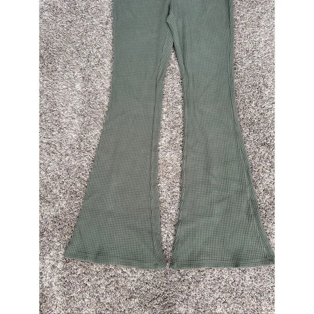 Aerie Waffle Knit High Waisted Flare Leg Pants Green Pull on Cozy S Long - Image 10