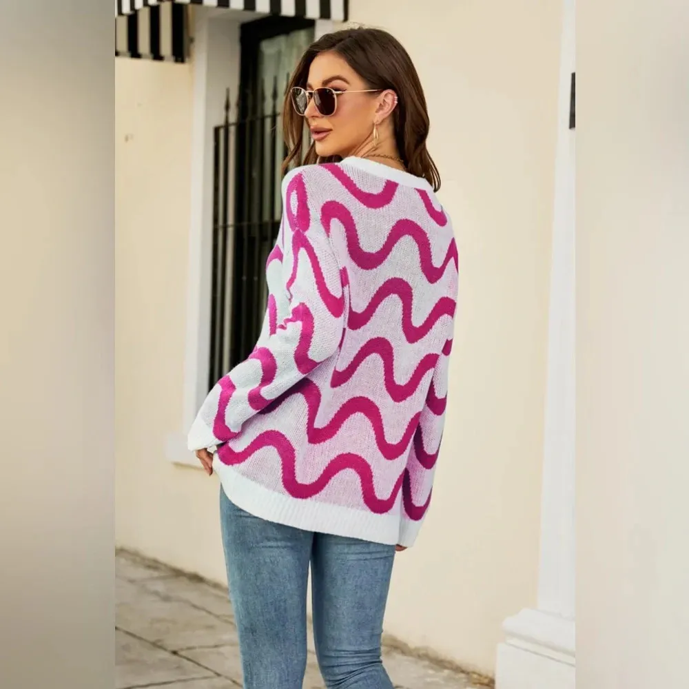 Just Polly Women’s Knit Wavy Crewneck Sweater in Pink Size L Size L - Image 2