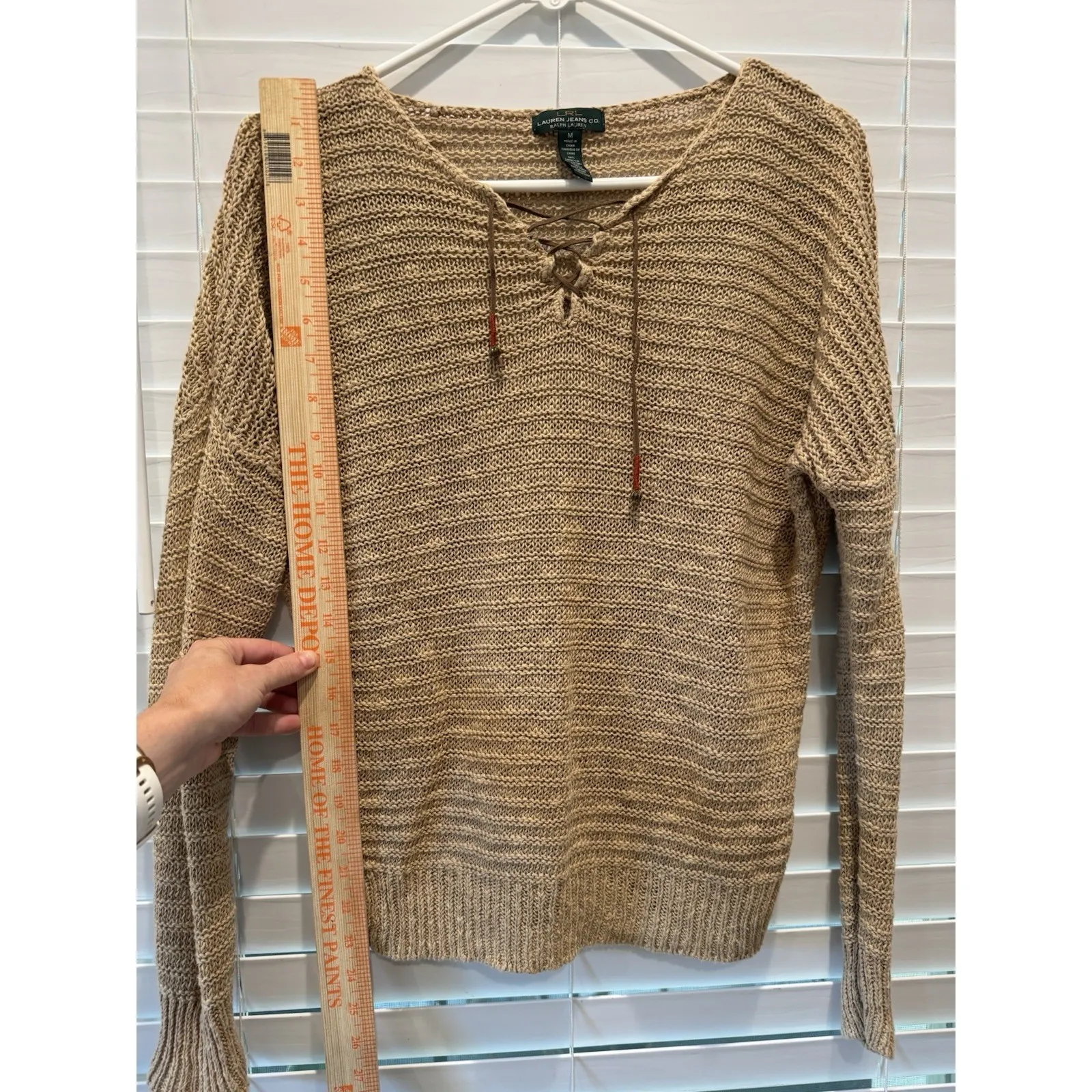 Ralph Lauren LRL Knit Tan Linen Sweater Leather Laceup Equestrian Boho Sz‎ M - Image 6