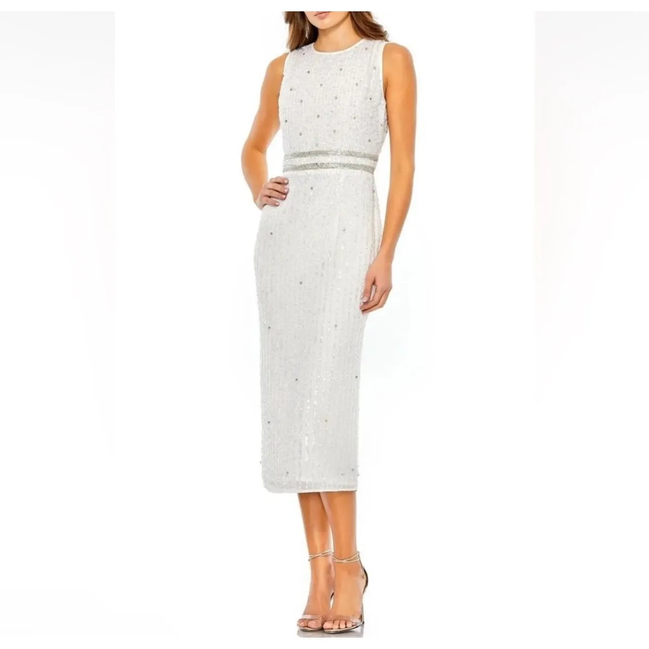 NWT Mac Duggal 10509 Sleeveless High Neck Beaded Midi Sheath Dress White Sz 0 - Image 5