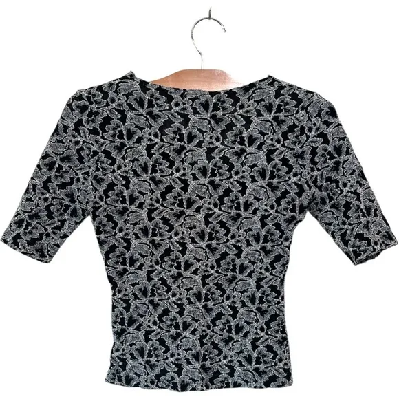Vtg Black Lace Overlay V Neck 3/4 Sleeve‎ Cropped Top Shirt Womens Sz S Y2K - Image 3