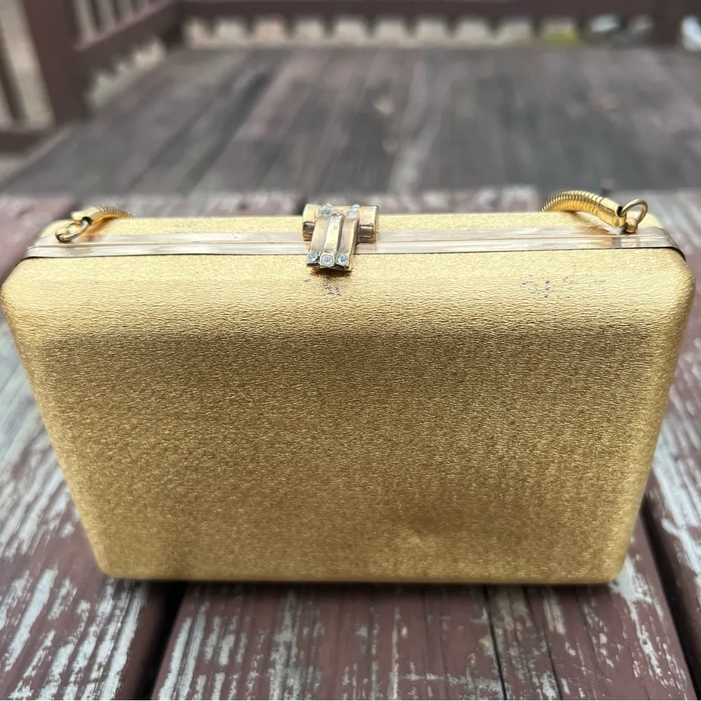 Vintage Women’s Volupte Hard Shell Lined Evening Purse/Bag W/Rhinestone Clasp Gold - Image 6