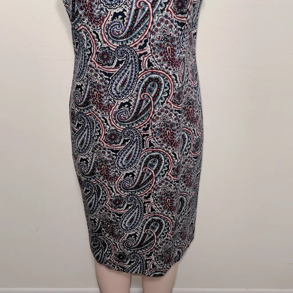 Talbots woman dress size 12 paisley print dark blue red white zipper back - Image 3