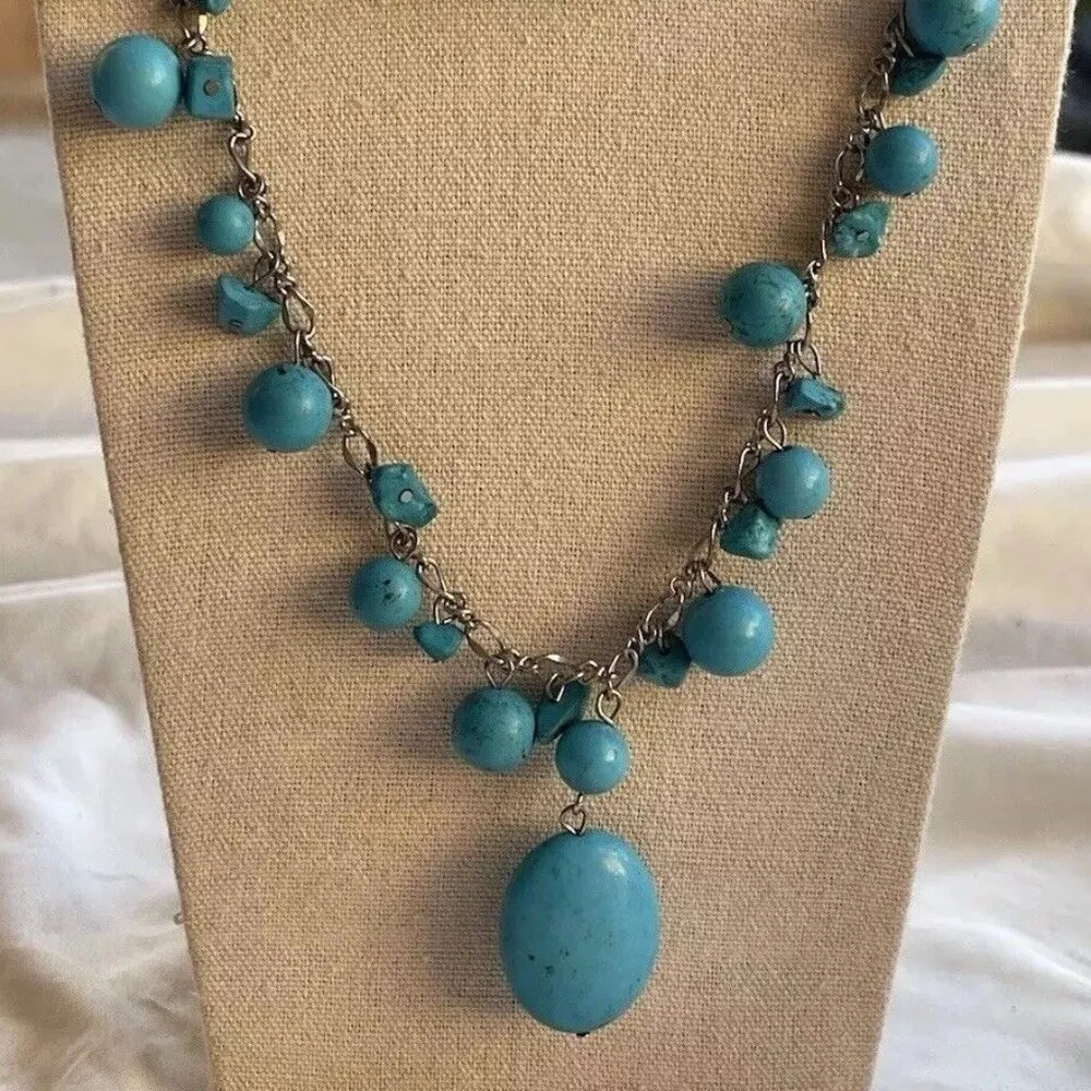 Vintage Turquoise Beaded Multiple Two Strand Chain Necklace South Western Aztec Blue - Image 5