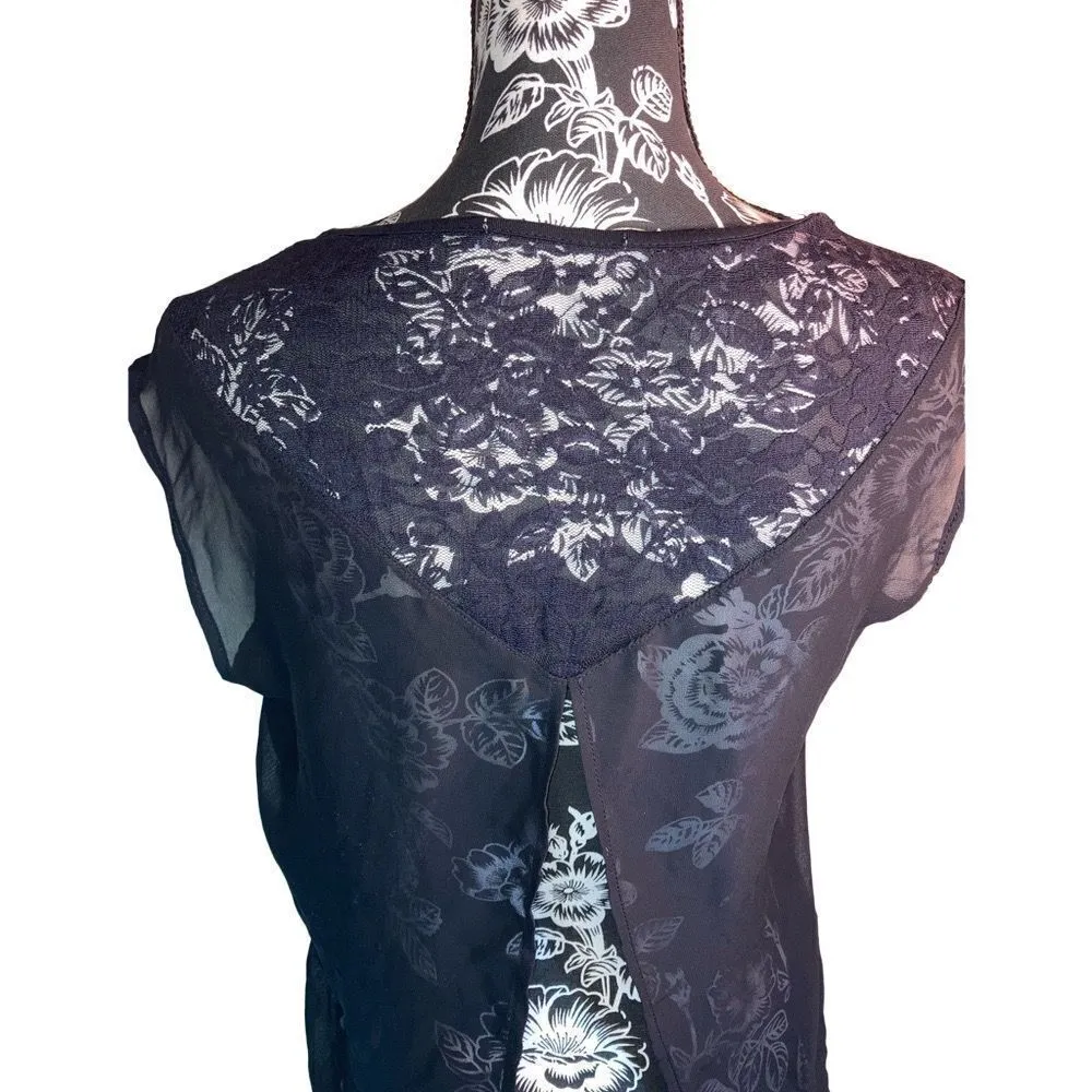 Black Lace Split Back Shirt Cutout Sheer Sexy Cute Floral Sport Dressy Holiday - Image 3