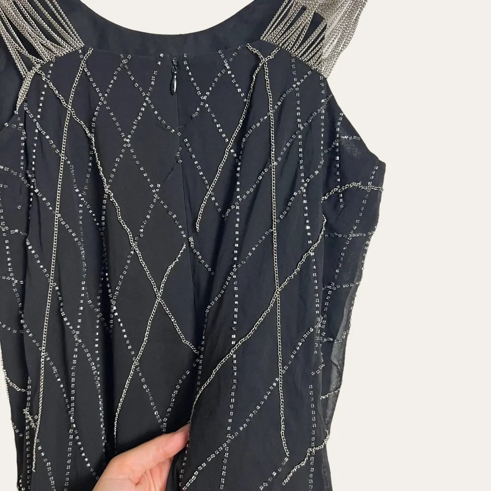 Alice + Olivia Black Silk Chain Strap Beaded Cocktail Mini Dress Size XS - Image 7