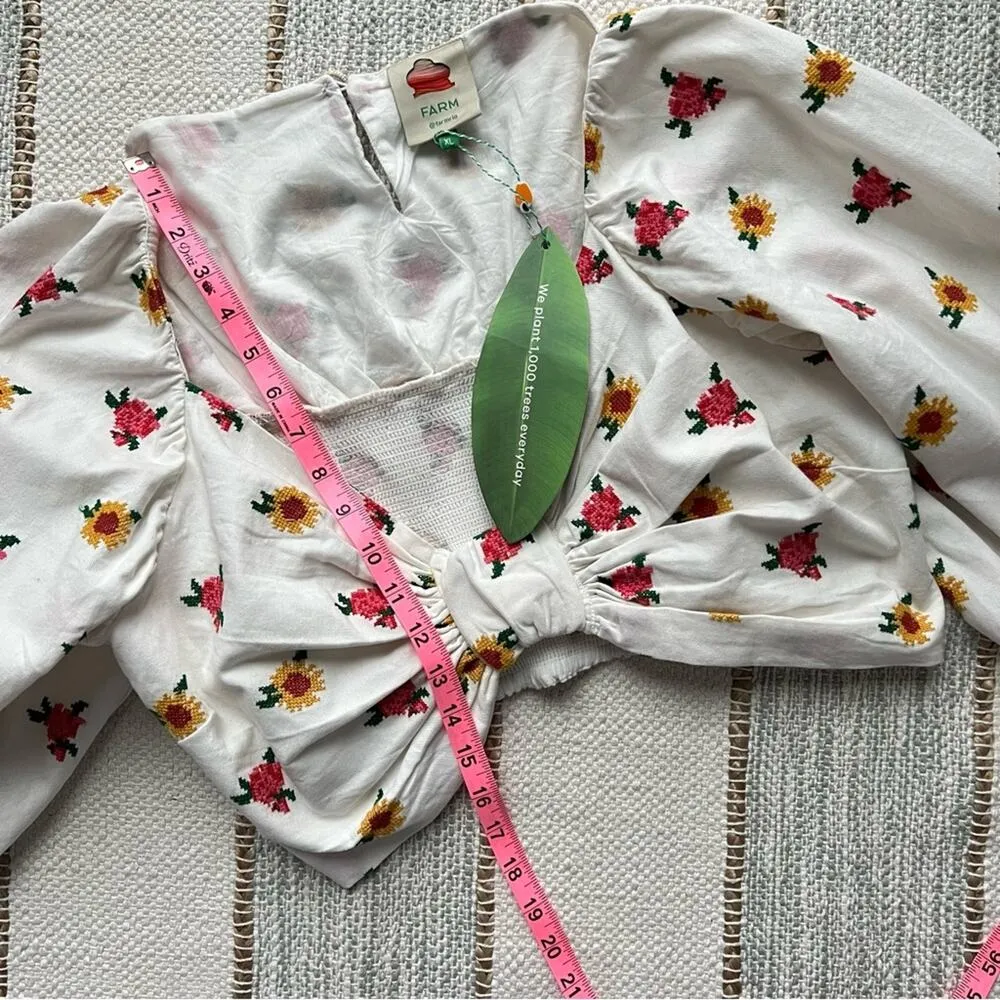 Farm Rio Mixed Cross Stitch Flowers Embroidered Long Balloon Sleeves Crop Top XL - Image 5