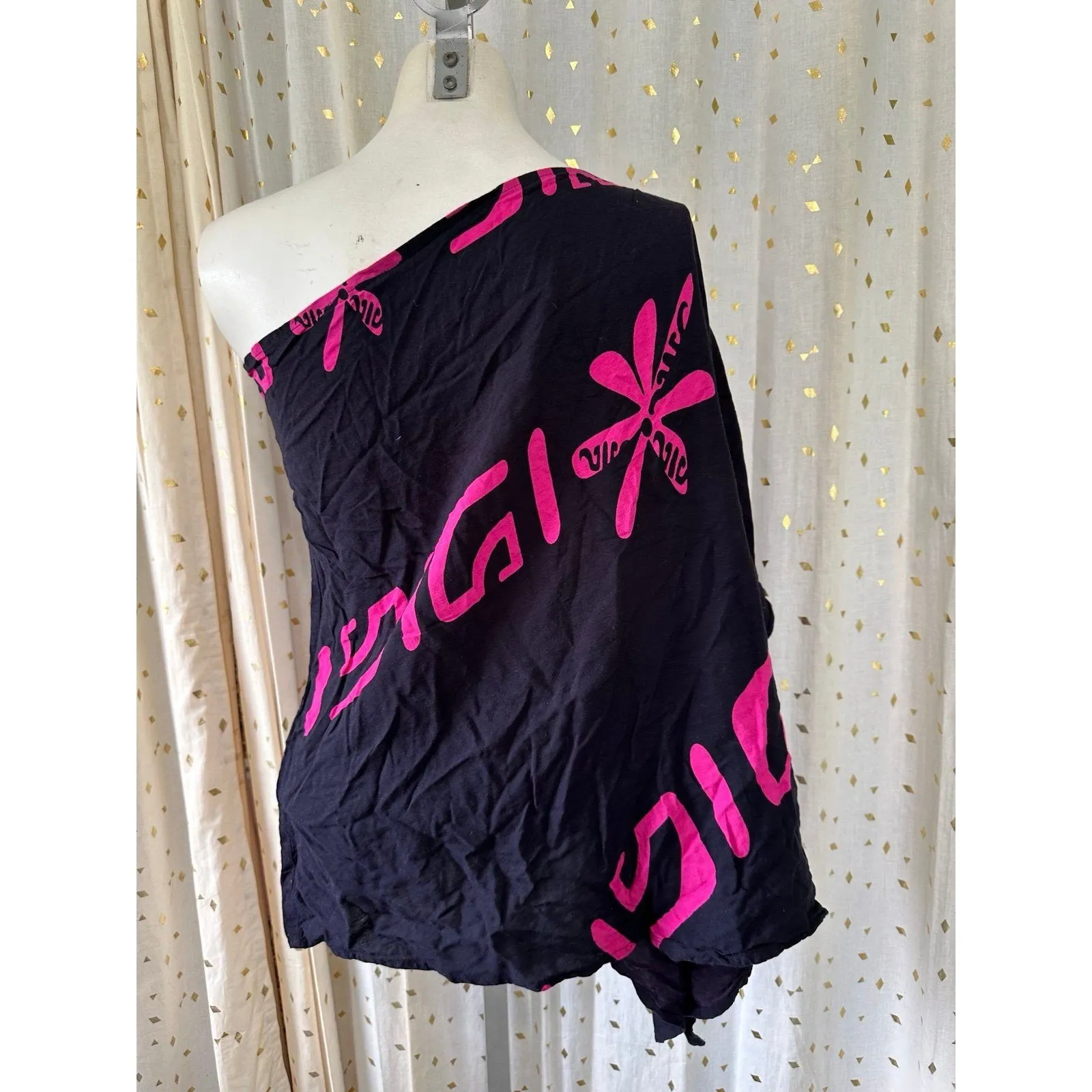 Nahe Wahine Black Pink Flowy One Shoulder Batwing Waterfall Sleeve Blouse XS - Image 4