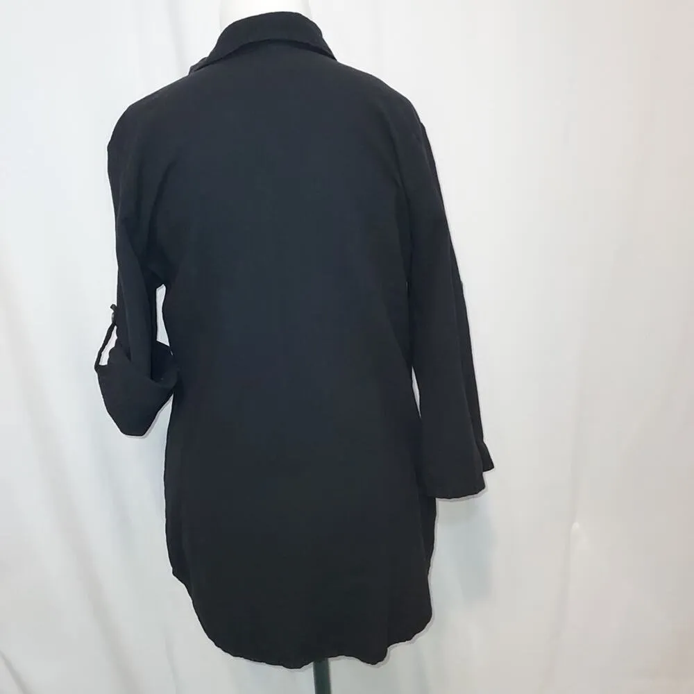 Vintage Dunes Black Shell Buttons Long Shirt Textured Button Up Blouse Top Size M - Image 3