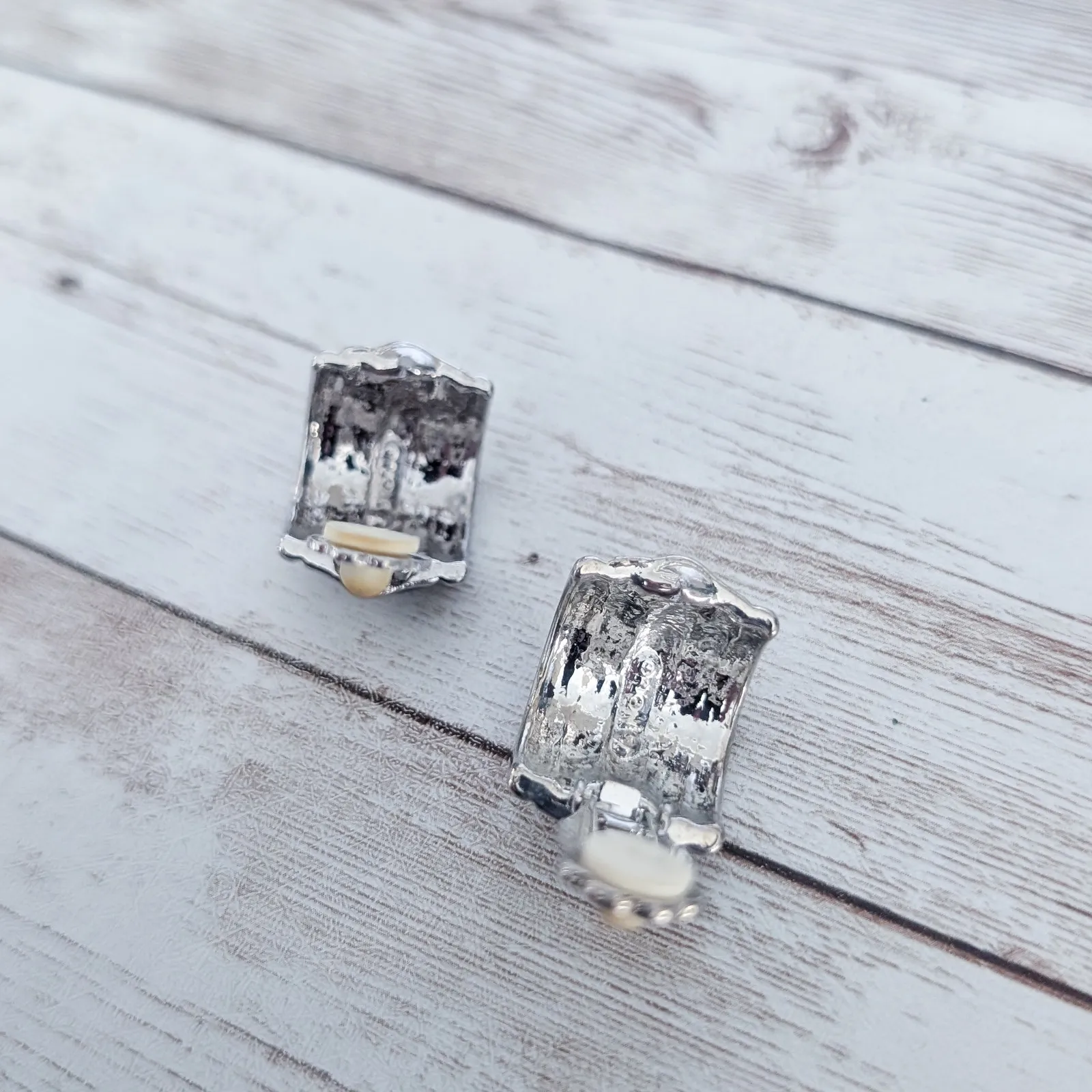 Vintage Clip On Earrings Dusky Blue & Silver Tone Half Hoops Chunky Statement - Image 5