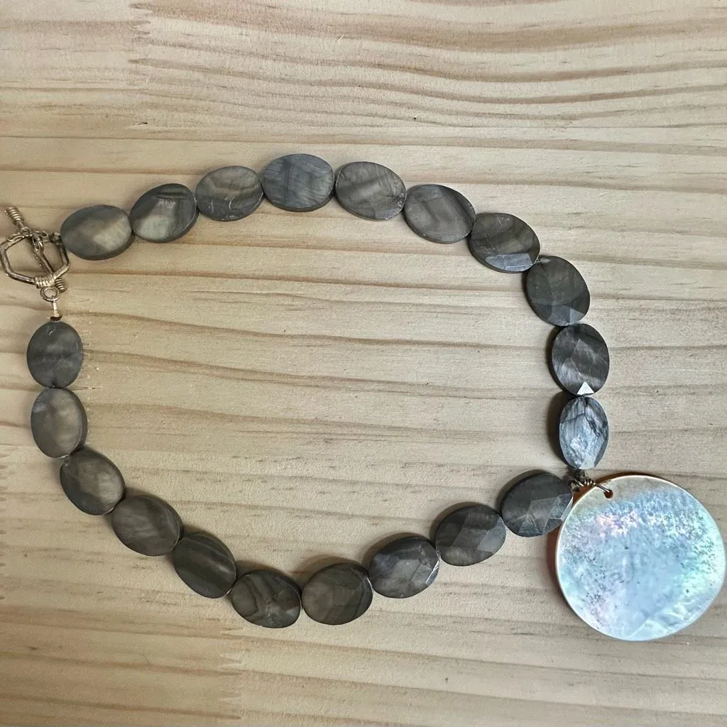 Gray Shell Beaded Monogram Pendant Necklace with Toggle Clasp - Image 7