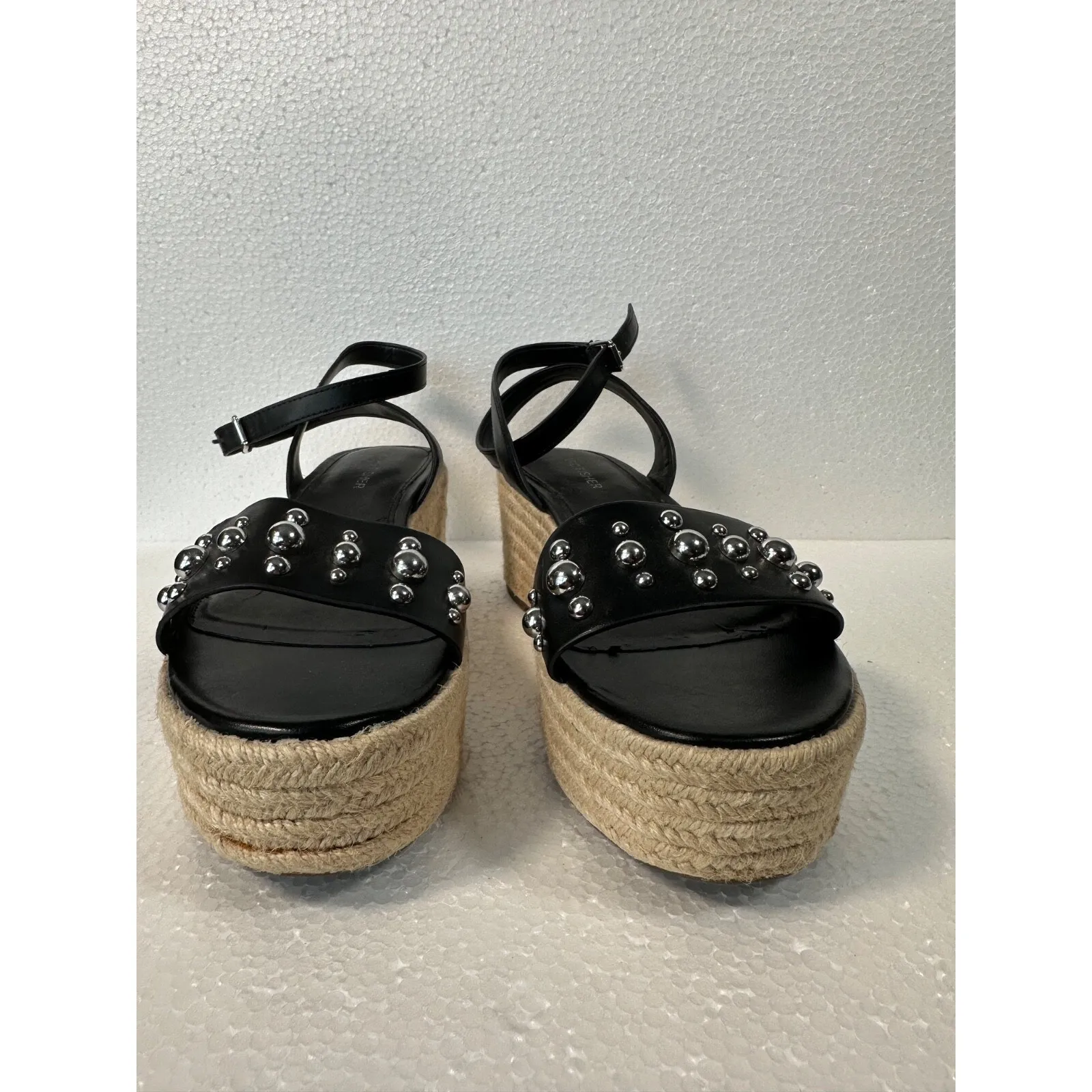 Marc Fisher Studded Espadrille Wedges Women's 8.5 Joyce Black Ankle Strap 2.5" - Image 4