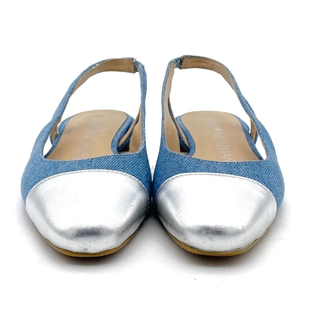 Stuart Weitzman Denim Pearl Slingback Flats Size 6 Silver Cap Toe Made in Spain - Image 5
