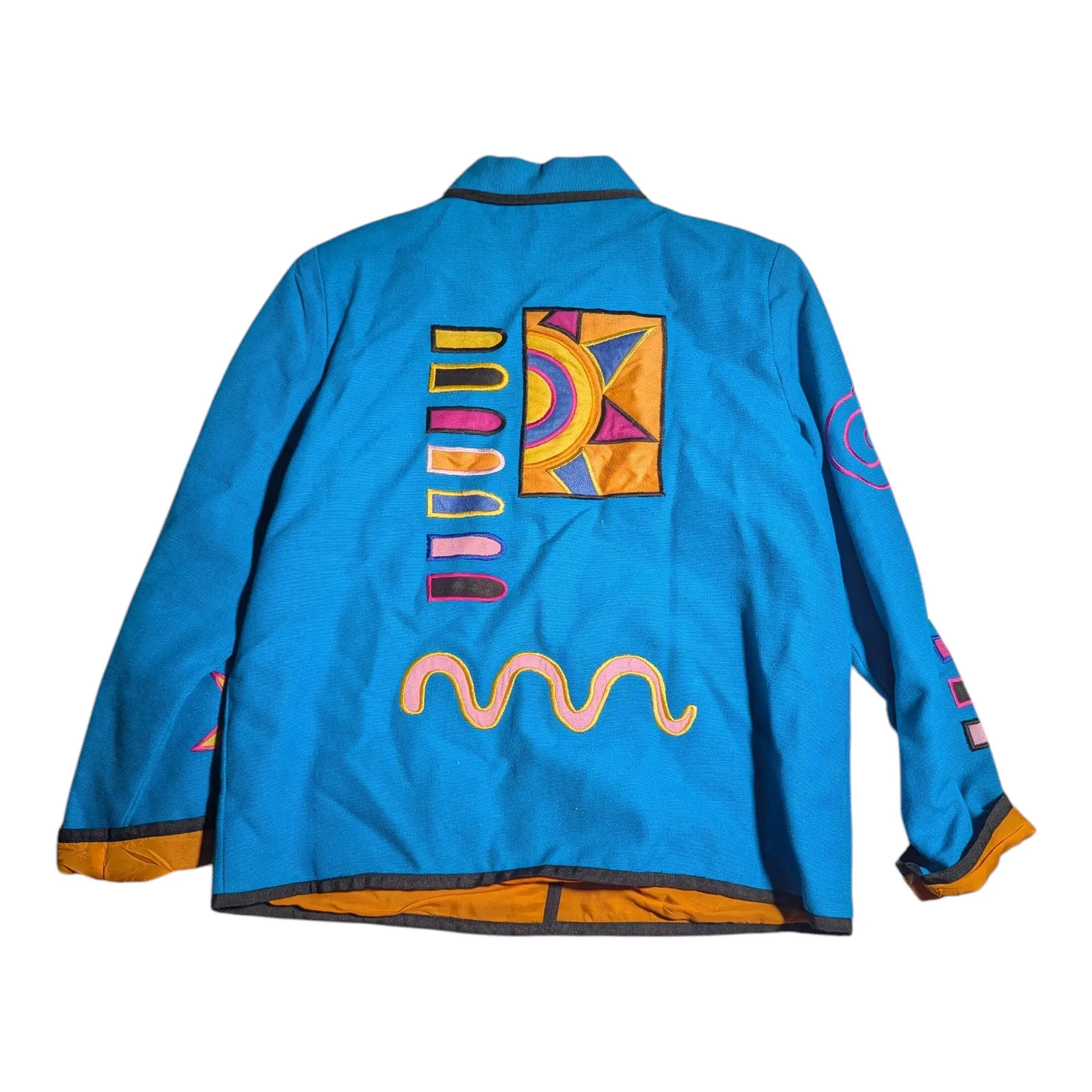Vtg Y2K Indigo Moon Blue Orange Sun Applique Button Up Bold Jacket Sz S - Image 2