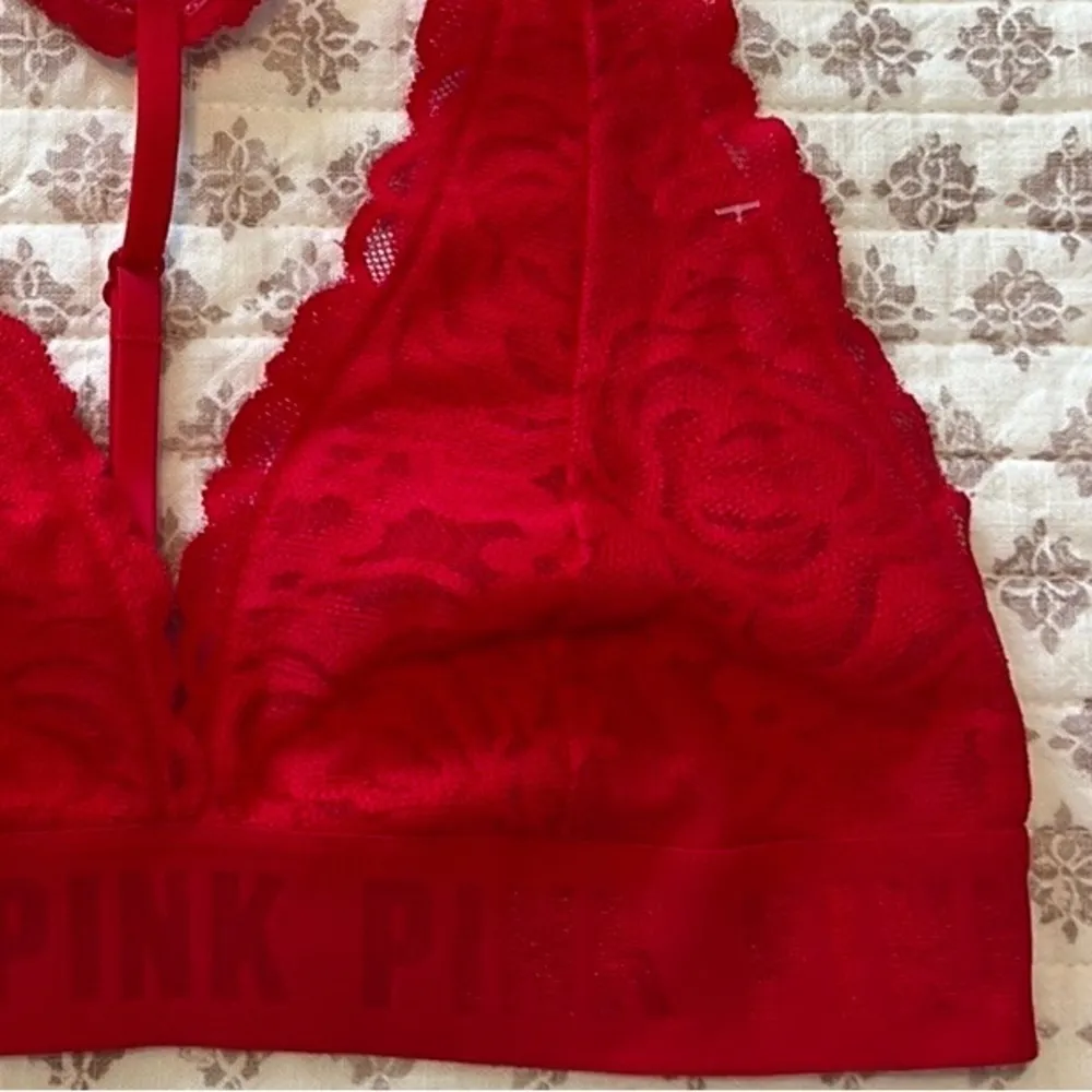 VS Pink Logo Band Floral Lace Racerback Bralette Red Size Small - Image 2