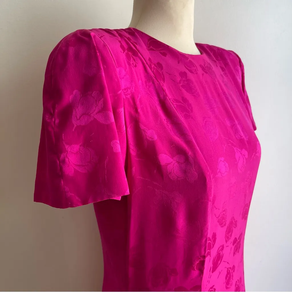 Vintage 80s Hot Pink Silk Studio Midi Dress Jacquard Short Sleeve Floral 8 - Image 4