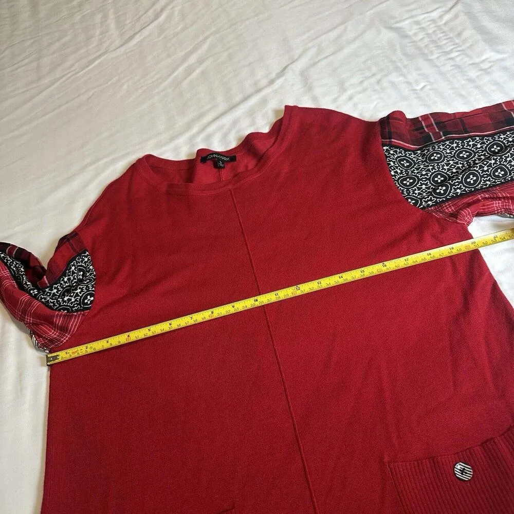 John Mark Red Knit Pullover Sweater Tunic Mixed Print 3/4 Sleeve Sz S Small - Image 10