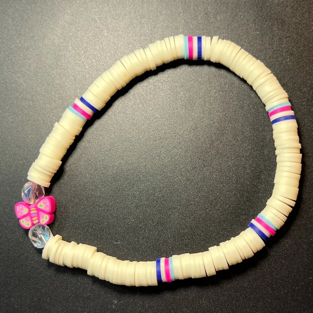 Pink Butterfly Yellow Heishi Disc Beaded Stretch Bracelet Unisex New - Image 2