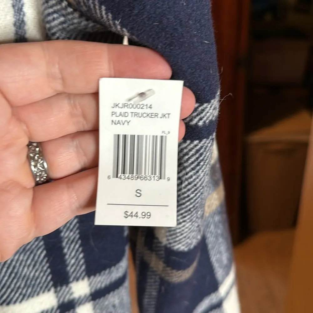 NWT Stoosh Navy Blue Plaid Trucker Jacket Size Small - Image 11