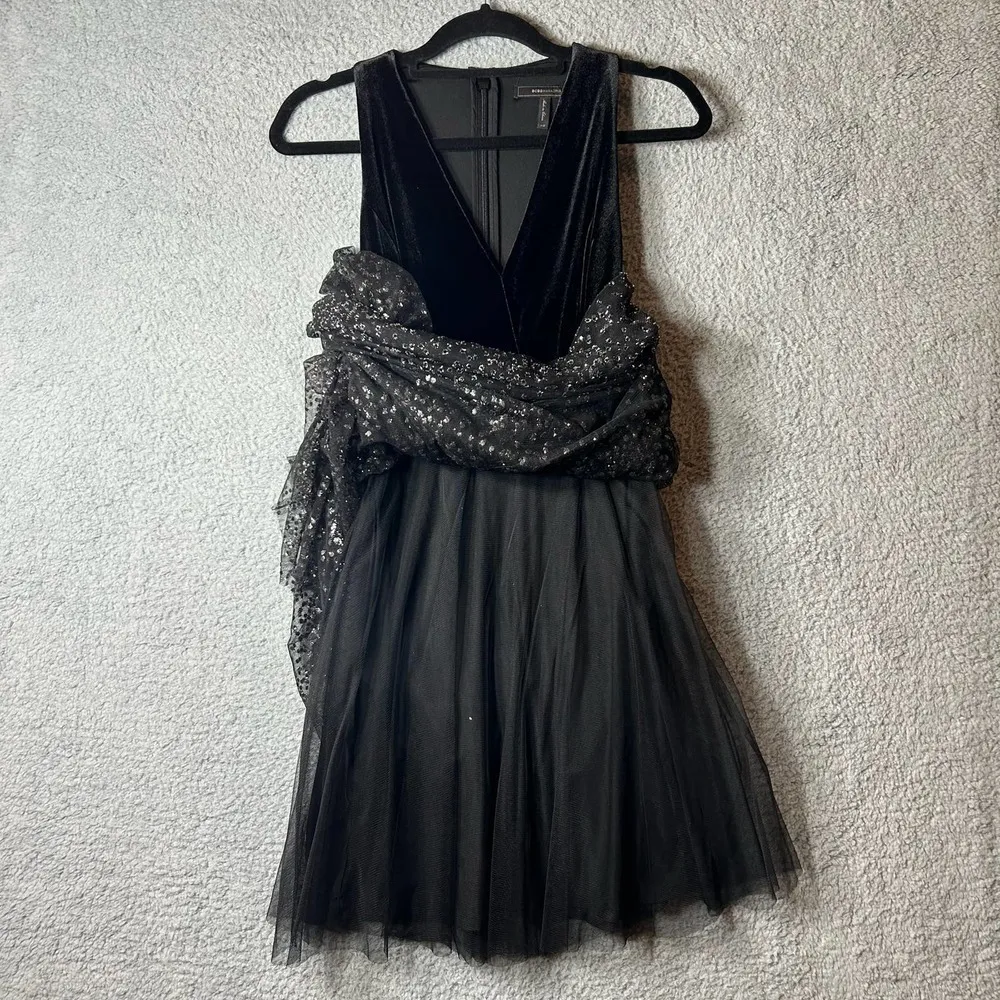 BCBGMAXAZRIA Dress Womens‎ XS Black Plunging Velvet Metallic Tulle Holiday Party - Image 5