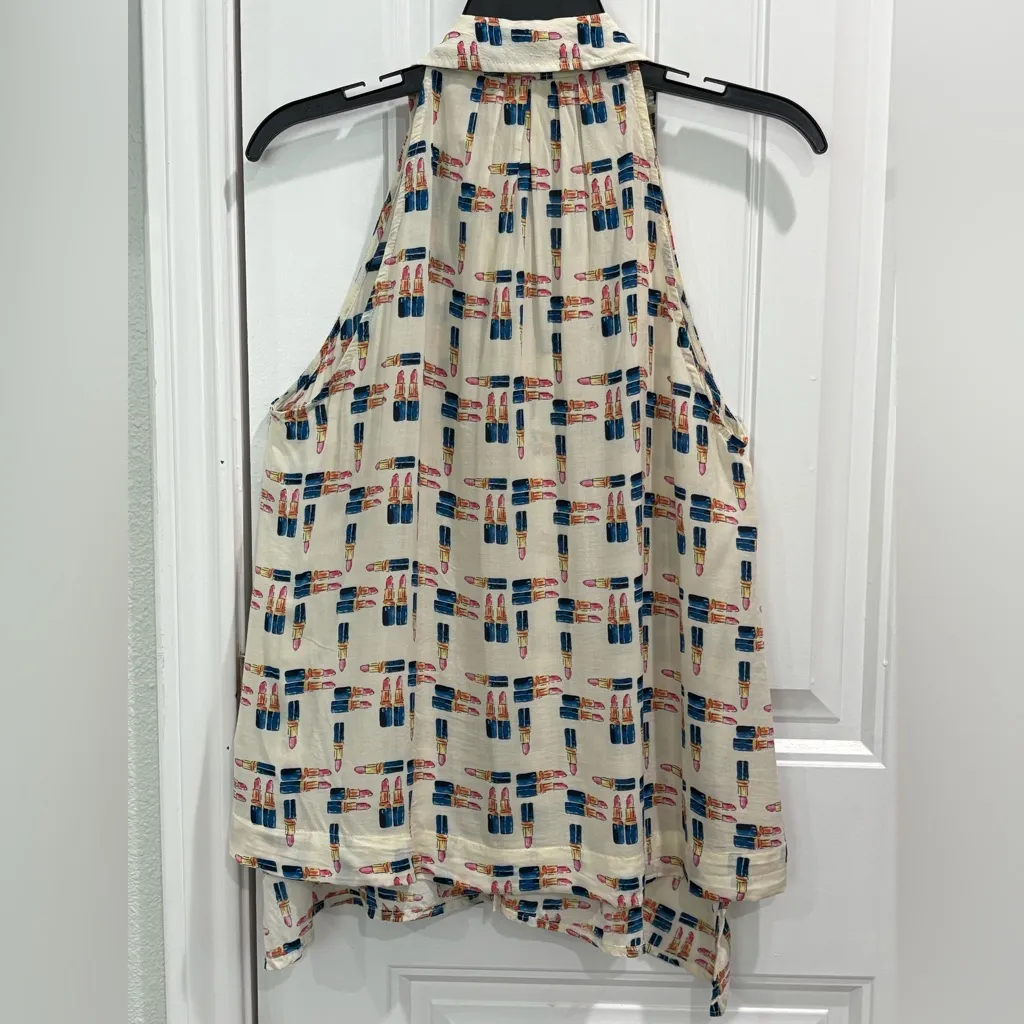 Maeve (Anthropologie) Lipstick Print Halter Blouse - Cream and Blue Size 6 - Image 9