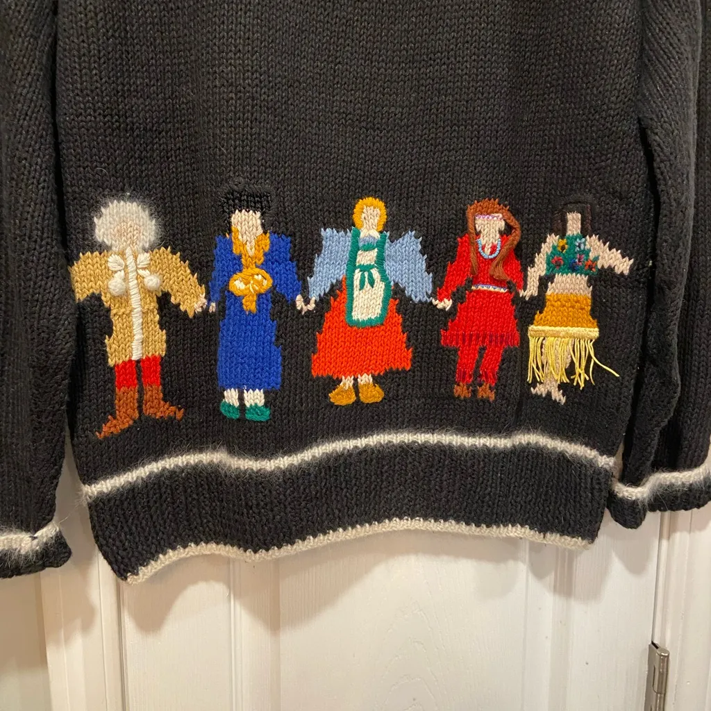 VTG Marisa Christina Size M/L Hand Knit Christmas Sweater World Peace Globe Black Size M - Image 5