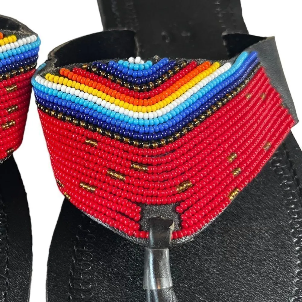 African Maasai Beaded Leather Sandals Black Size 9 - Image 3