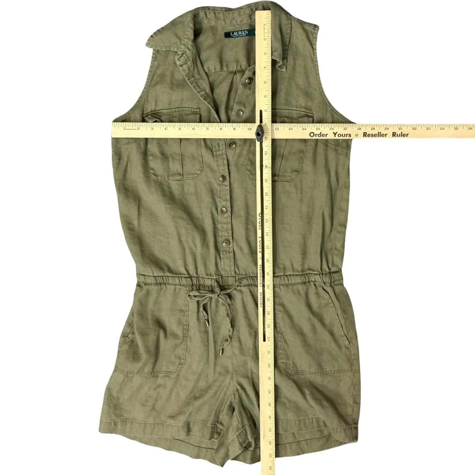 Lauren Ralph Lauren Olive Army Green Linen Blend Button Up Shorts Romper sz 8 P - Image 5