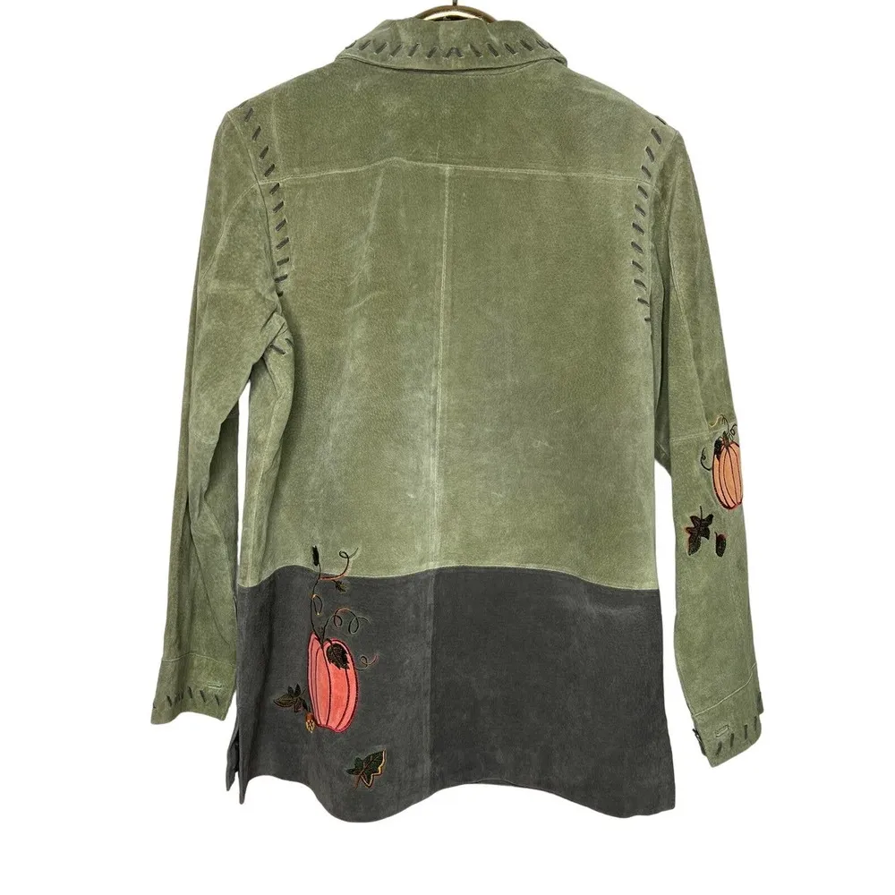Quacker Factory  Womens Medium Sage Green Suede Leather Jacket Pumpkins Autumn - Image 2