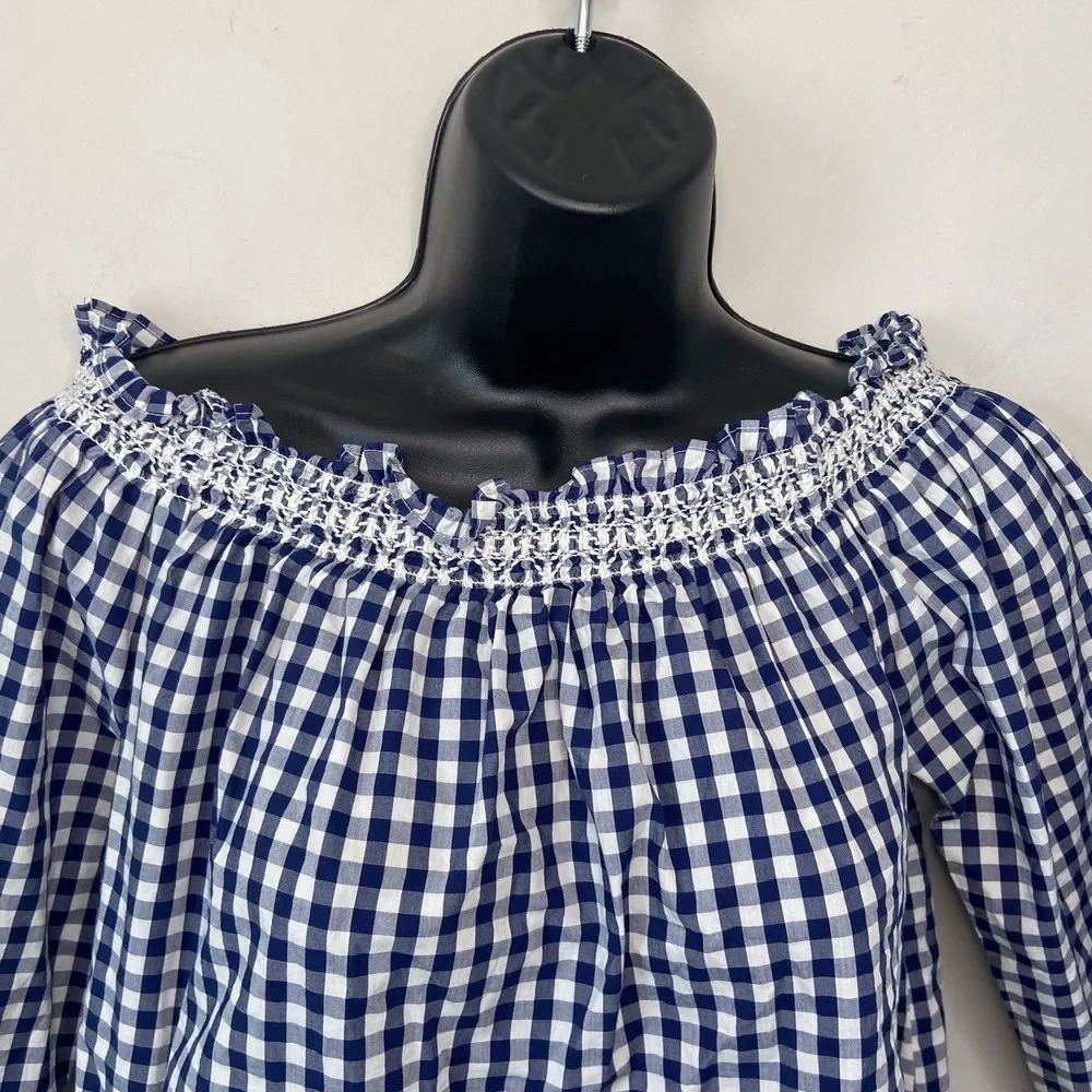 Madewell Blue Checkered Gingham Smocked Neck Off Shoulder Blouse Sz XXS - Image 4