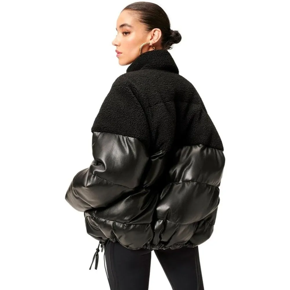 Good American Womens Faux Leather Short Puffer Jacket Sherpa Black 4 US XL - Image 3