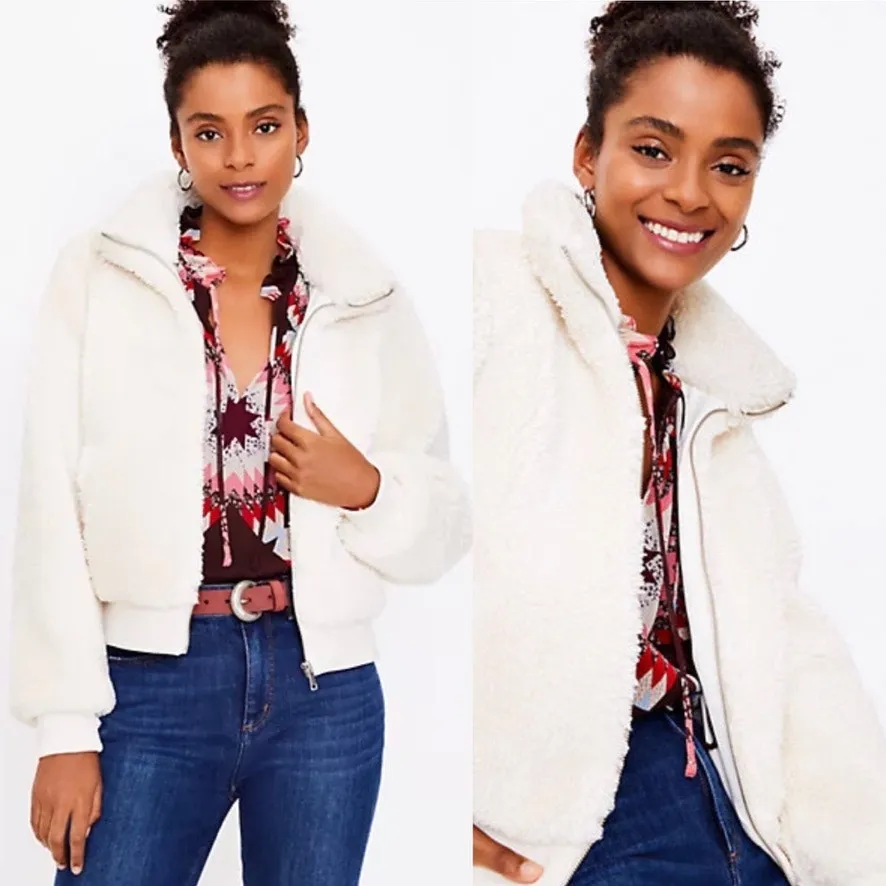 Ann Taylor LOFT Sherpa Teddy Fleece Bomber Jacket Medium Cozy Warm Fuzzy - Image 3