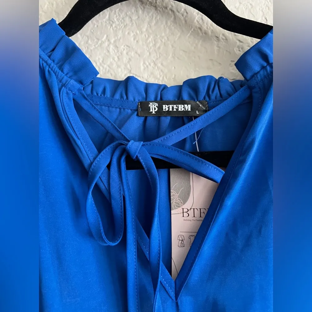 Women’s Dress Blue Peasant Dress Long Sleeve Elastic Tiered Flowy Fit & Flare Size L - Image 7