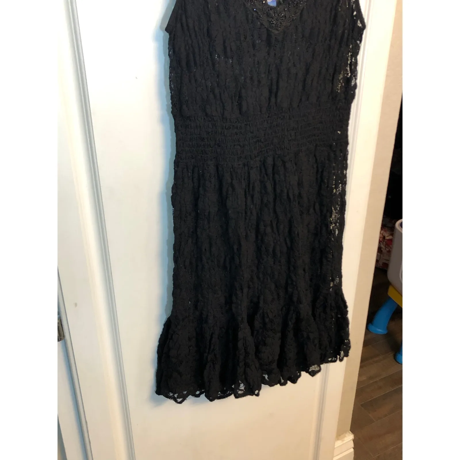 Free People sheer black floral lace mini dress with a beaded v-neck - Image 8