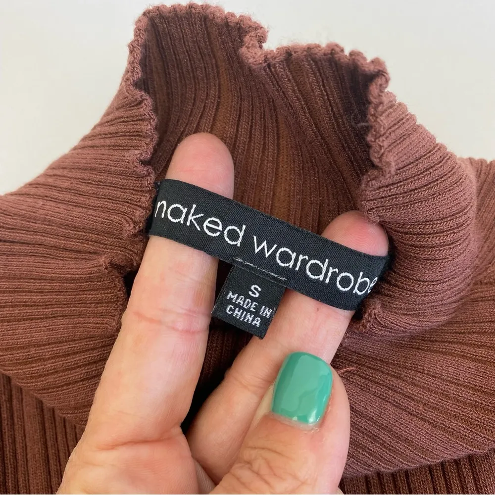 Naked Wardrobe Long Sleeve Mock Neck Ribbed Bodycon Mini Dress: Rust Brown - Image 7