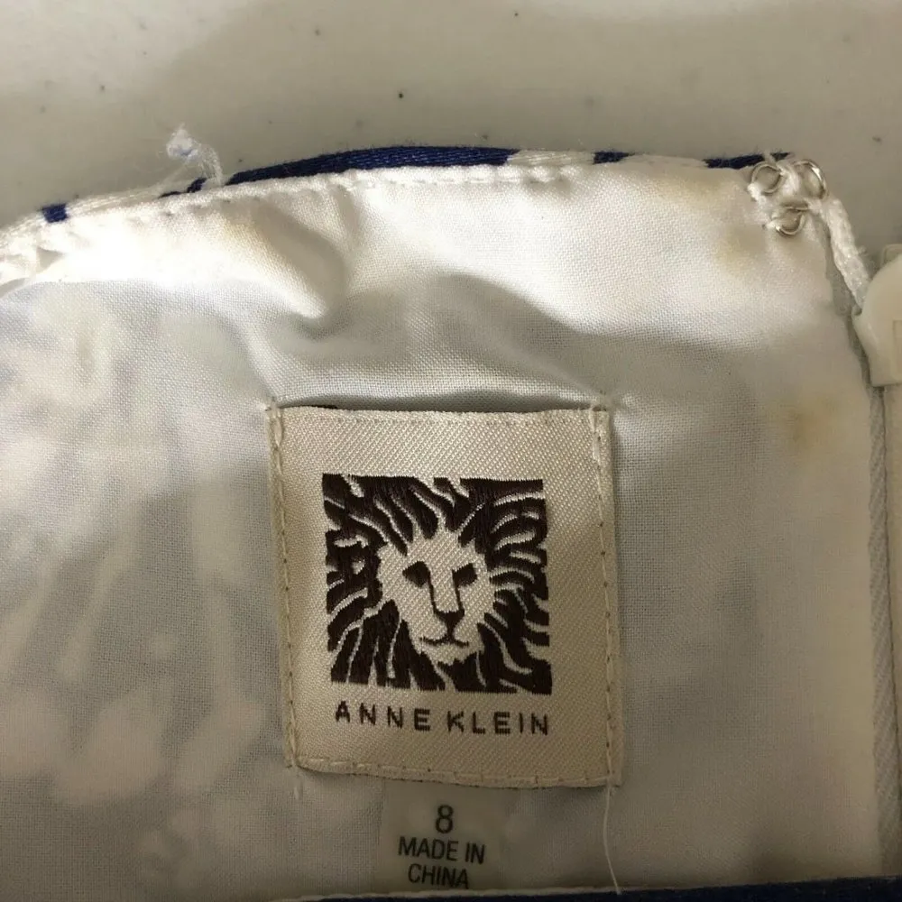 Anne Klein Dress A Line Belted Floral Cotton Blend Short Sleeve Blue White 8 - Image 4