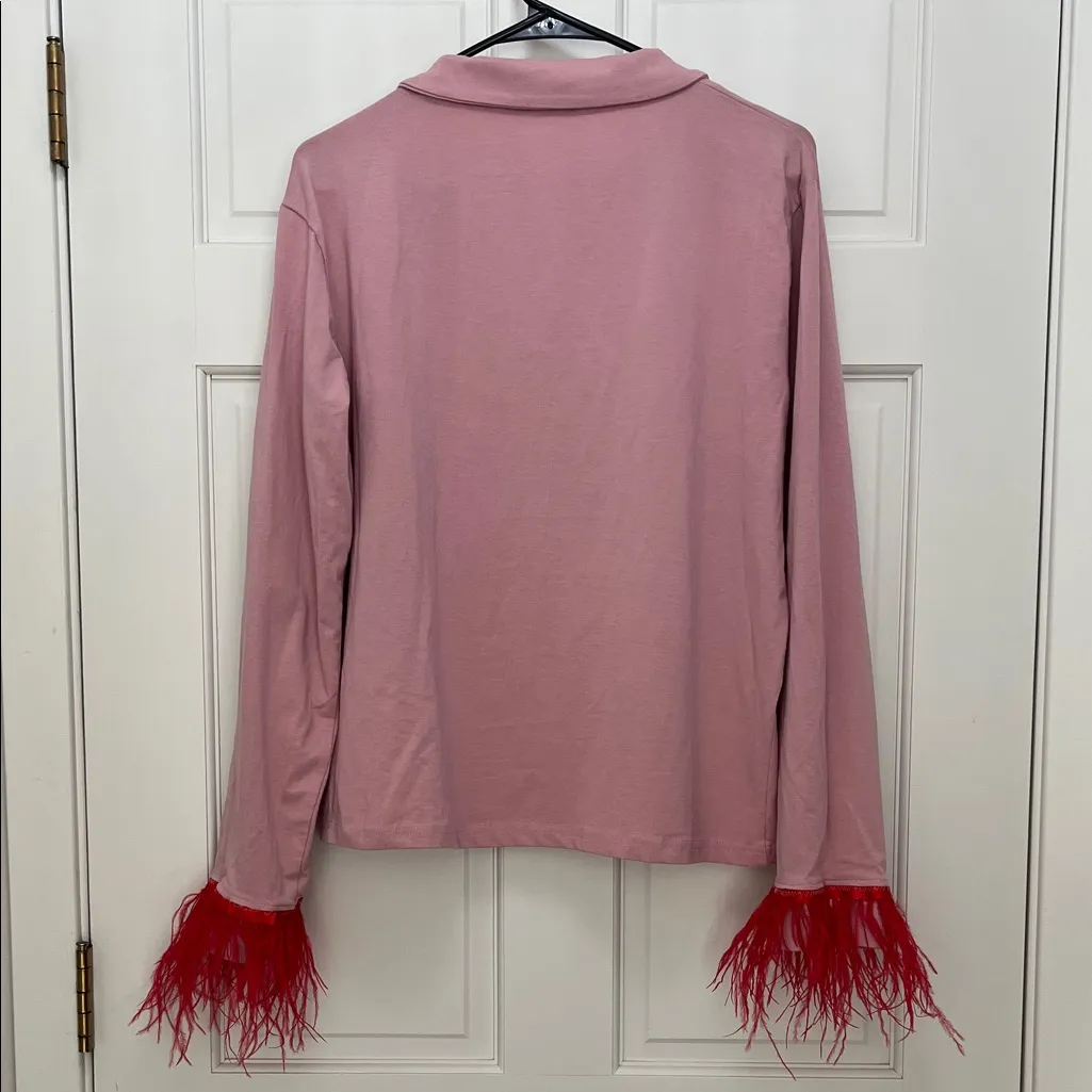 NWT Nasty Gal Soft Pink Cotton Blend Pajamas Set w/ Faux Feathers - Size 14 - Image 4